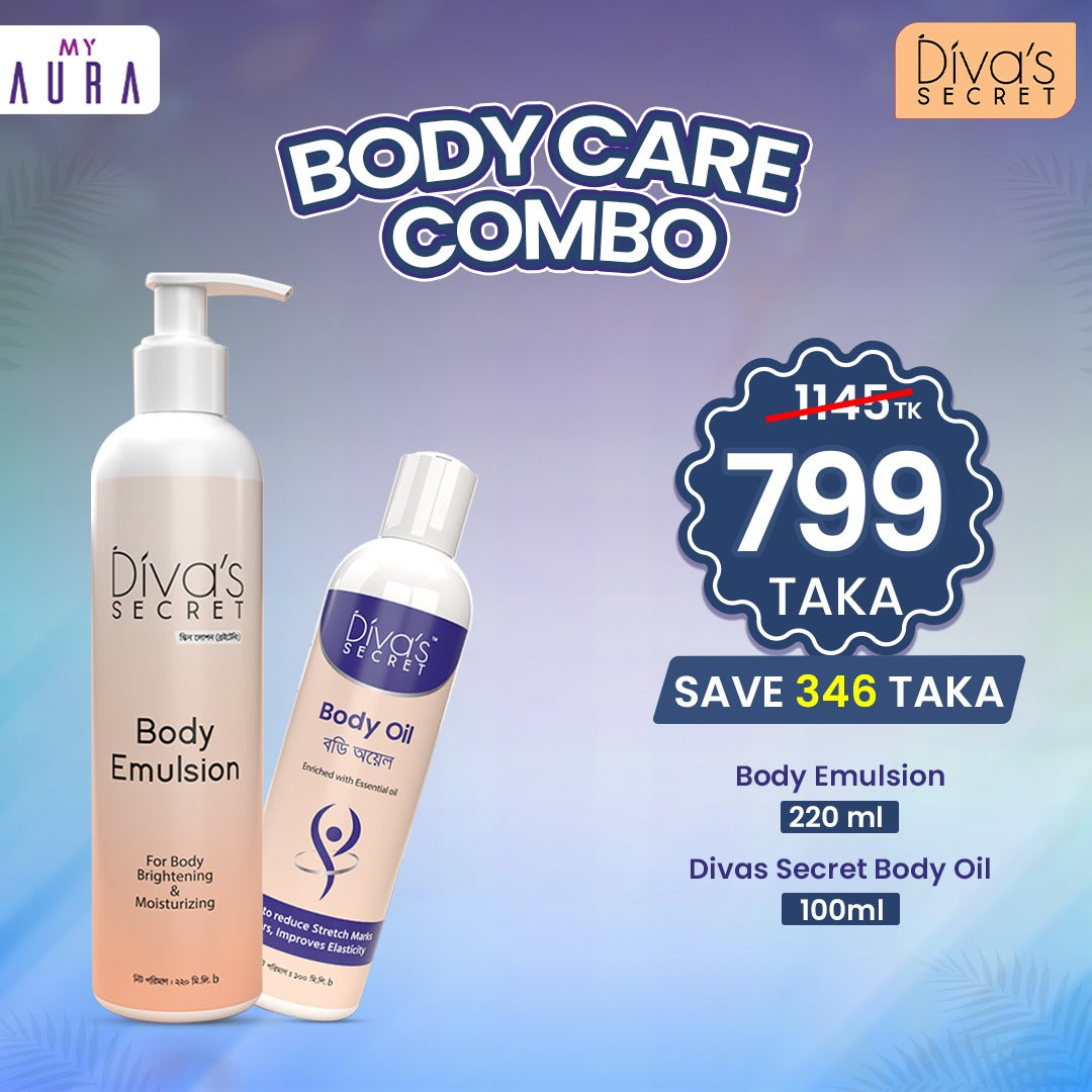 Body Care Combo: Divas Secret Body Oil 100ml +Diva's Secret Body Emulsion @ 799 TK