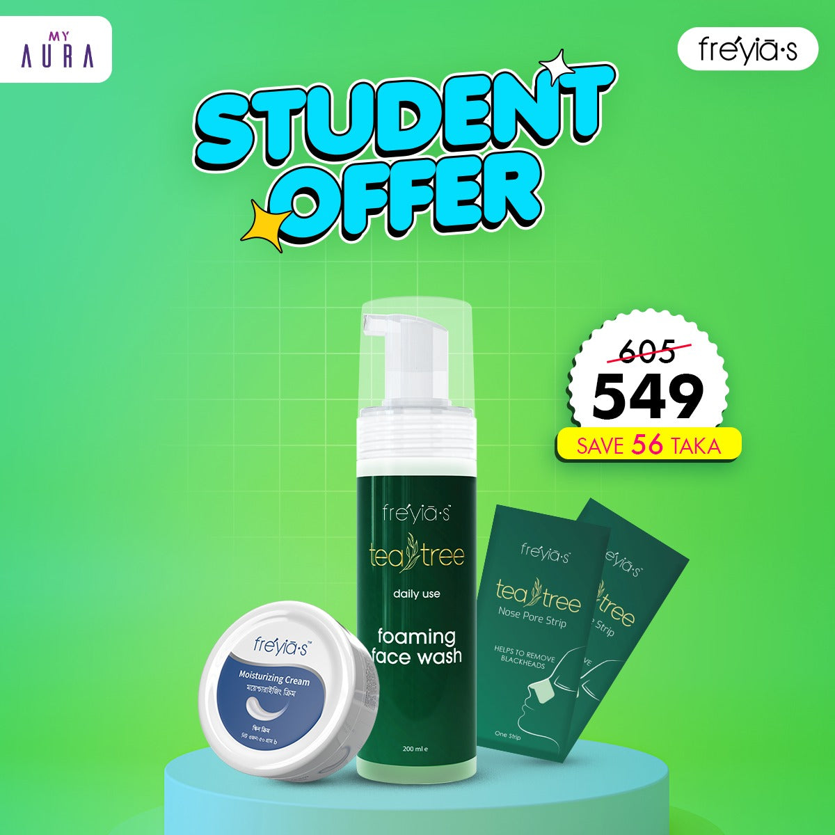 Student Offer: Buy Tea Tree foaming facewash 200 ml + Freyia's Moisturizing Cream 50ml + Free  2 pcs Nose pores strip