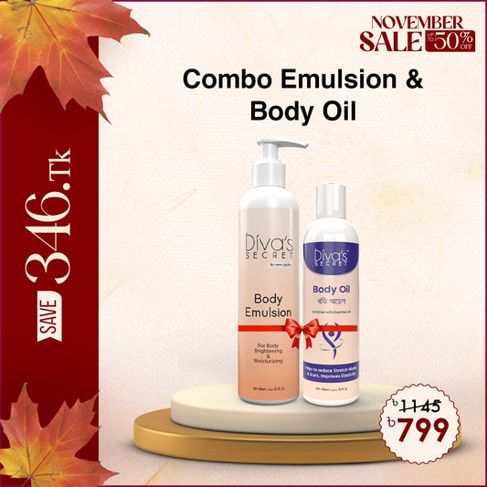 Body Care Combo: Divas Secret Body Oil 100ml +Diva's Secret Body Emulsion @ 799 TK