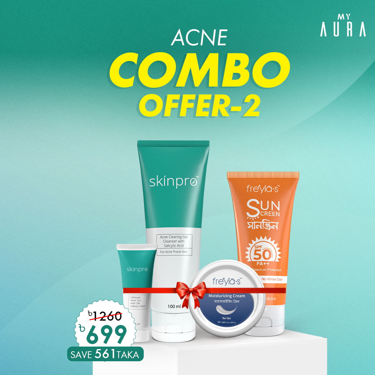 Acne Combo-2:Acne Clearing Cleanser 100ml + Ultimate Acne Gel 15ml+Freyias Moisturizing Cream+ Sunscreen