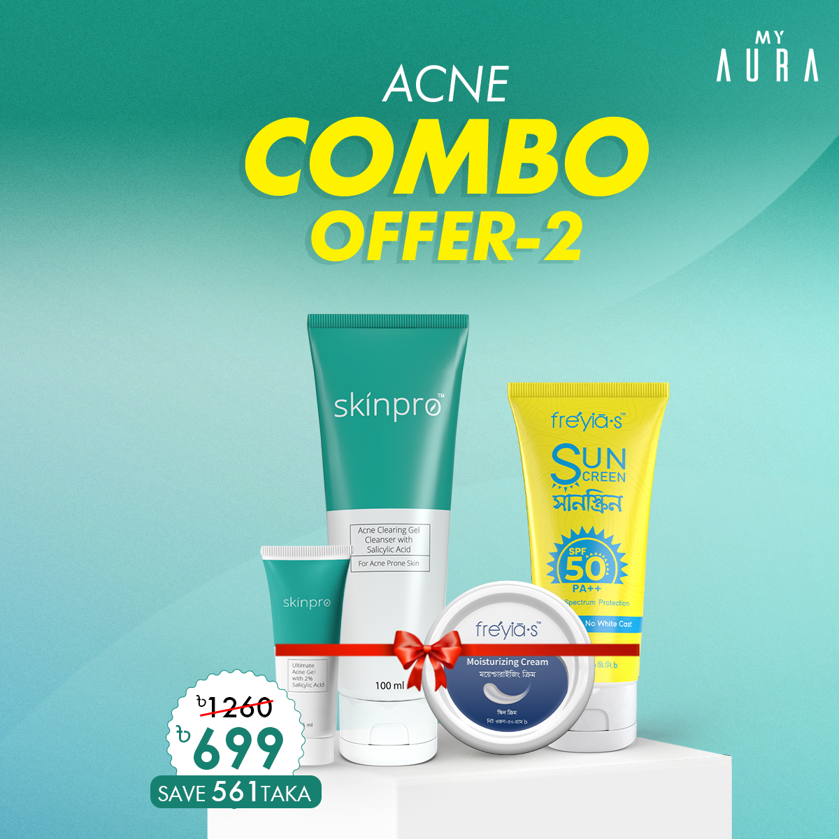 Acne Combo-2 :Acne Clearing Cleanser 100ml + Ultimate Acne Gel 15ml+Freyias Moisturizing Cream+ Sunscreen