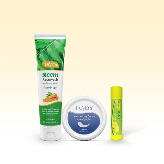 Combo: Freyia's Neem Facewash 100ml,Freyias Moisturizing Cream 50gm,Skinpro Lip Balm at 399 Taka