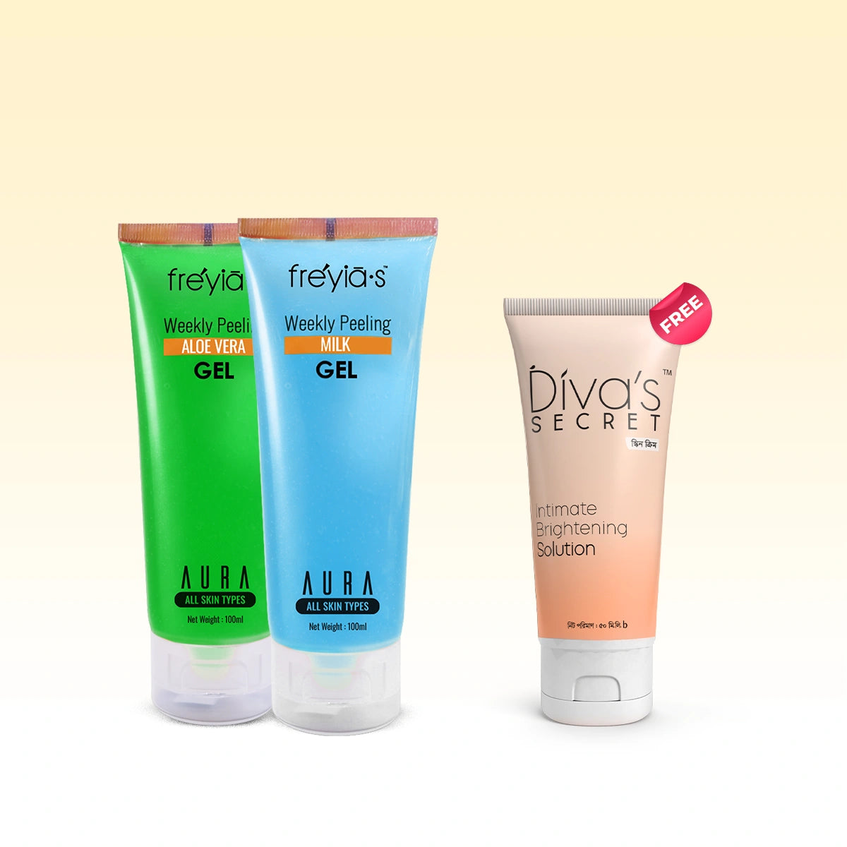 Combo: Buy 1 Freyia's Weekly Peeling Milk Gel & 1 Freyias Weekly Peeling Aloe Vera Gel and Get  Intimate Brightening Solution  50 ml Free @ 510 Tk