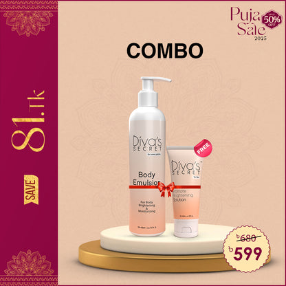 Combo: Buy 1 Diva's Secret Body Emulsion 220ml + Divas Secret Intimate Brightening Solution 50ml@