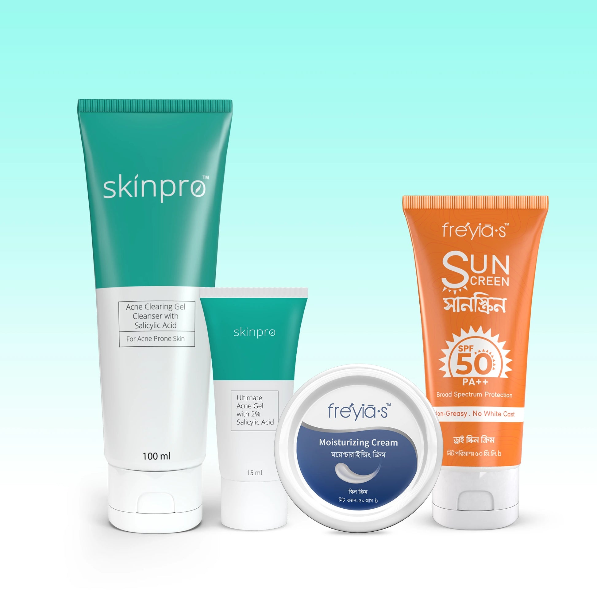 Acne Combo-2:Skinpro Acne Clearing Cleanser 100ml + Ultimate Acne Gel 15ml+Freyias Moisturizing Cream+ Sunscreen