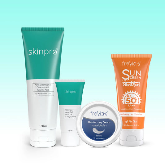 Acne Combo-2:Skinpro Acne Clearing Cleanser 100ml + Ultimate Acne Gel 15ml+Freyias Moisturizing Cream+ Sunscreen