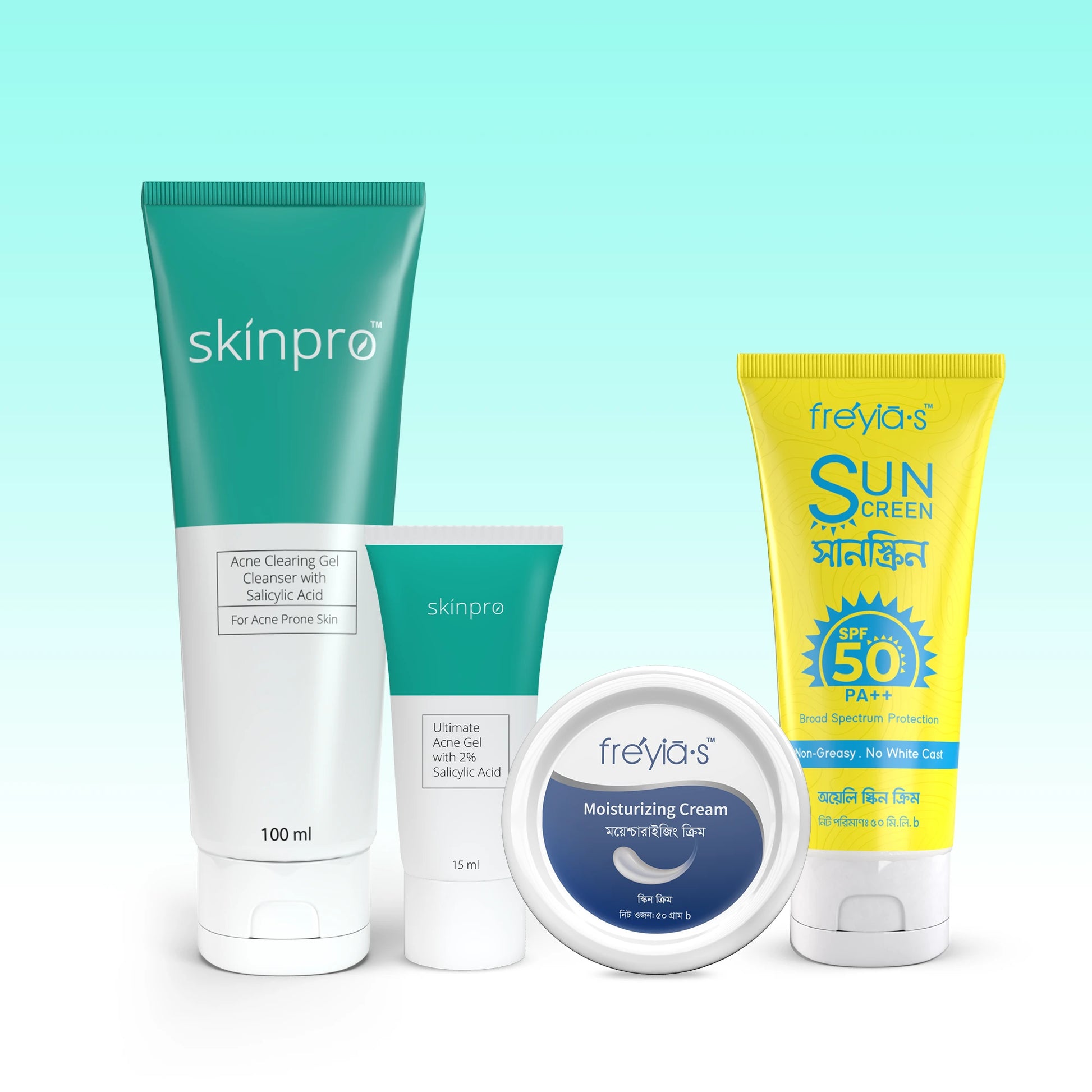 Acne  Combo-2 :Skinpro  Acne Clearing Cleanser 100ml + Ultimate Acne Gel 15ml+Freyias Moisturizing Cream+ Sunscreen
