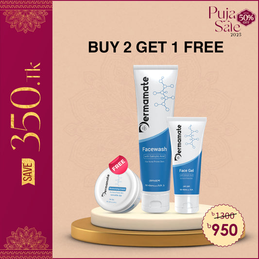 Buy  Dermamate Acne Facewash 100ml and Acne Face gel 50ml, Get 1 Dermamate Acne Cream 50gm Free!