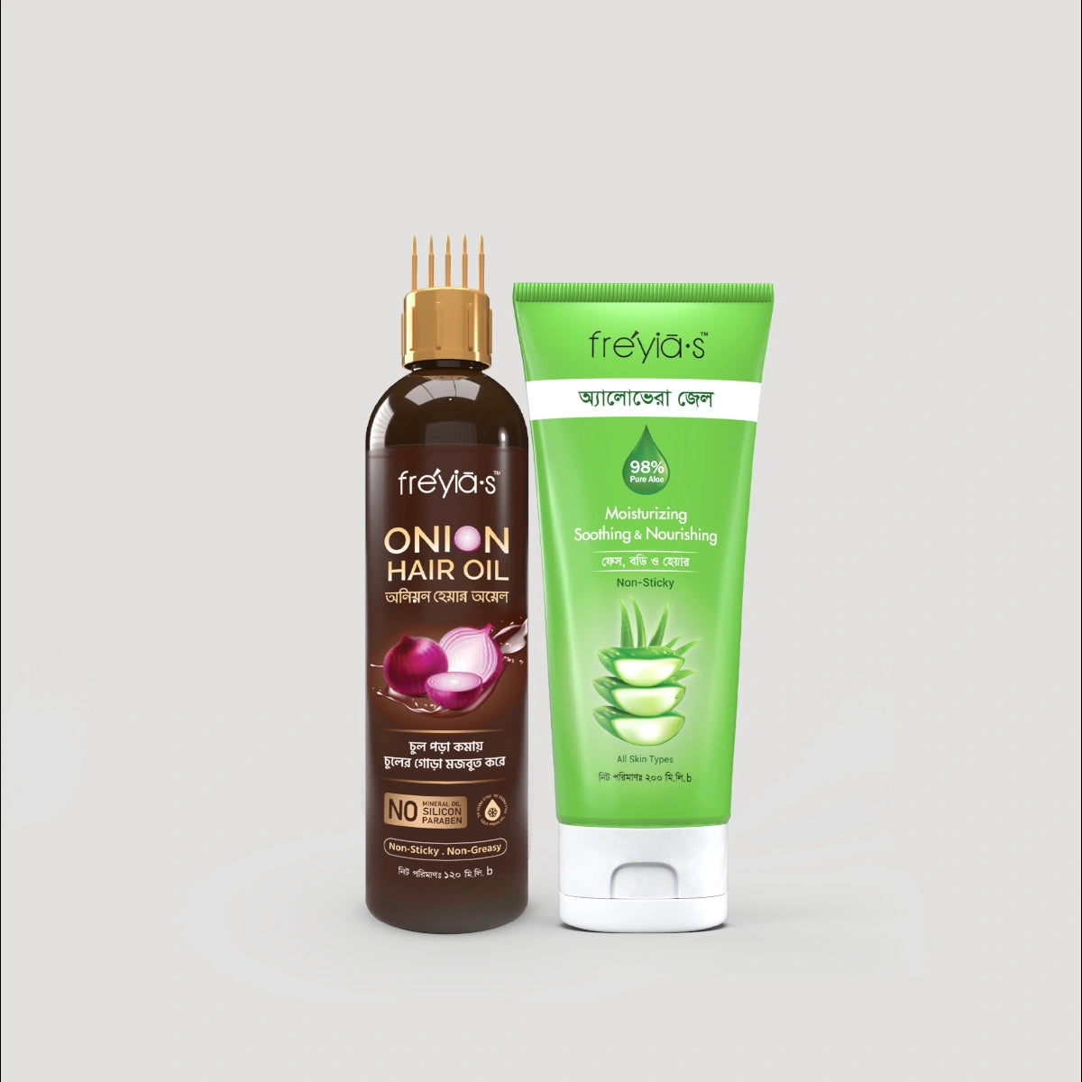 Buy Freyia's Onion Hair Oil and get FREE Aloe Vera Gel for stronger, healthier, and shinier hair.