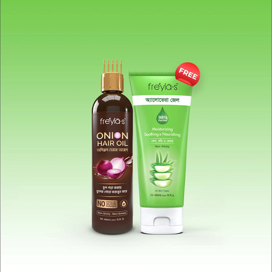 Buy Freyia's Onion Hair Oil and get FREE Aloe Vera Gel for stronger, healthier, and shinier hair.