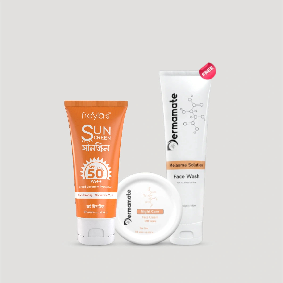 Complete melasma care routine with night cream, sunscreen, and face wash for brighter and more even-toned skin.