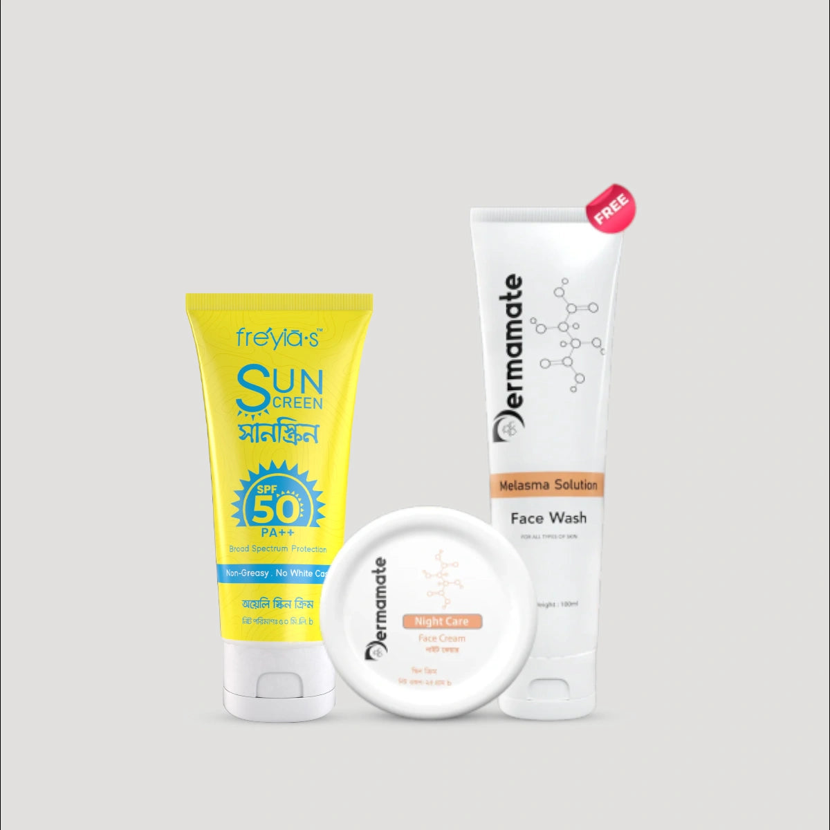 Complete melasma care routine for oily skin with night cream, sunscreen, and face wash to reduce pigmentation and dark spots.
