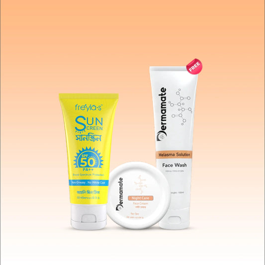 Complete melasma care routine for oily skin with night cream, sunscreen, and face wash to reduce pigmentation and dark spots.