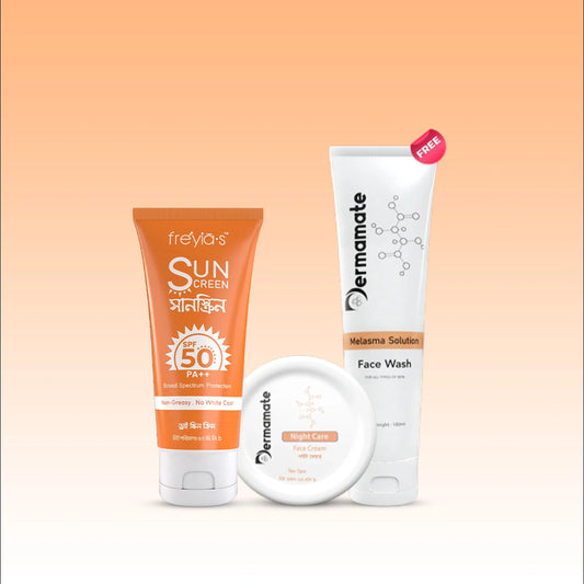 Complete melasma care routine with night cream, sunscreen, and face wash for brighter and more even-toned skin.