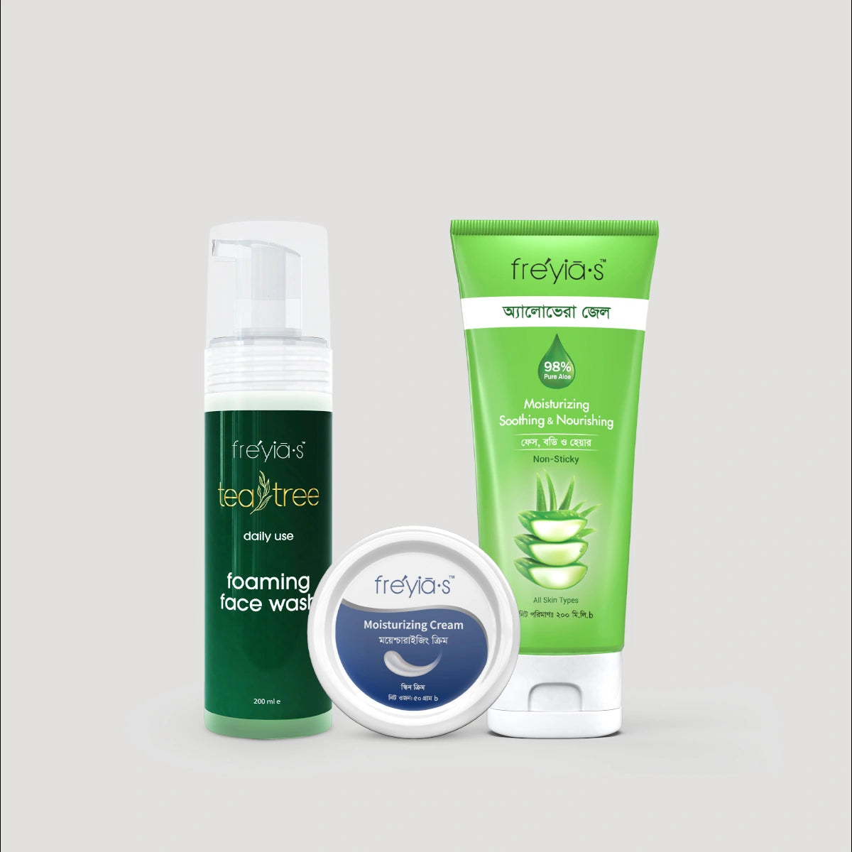 Complete skincare routine for oily skin with Tea Tree Facewash, Moisturizing Cream, and FREE Aloe Vera Gel.