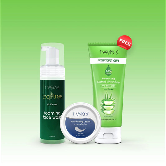 Complete skincare routine for oily skin with Tea Tree Facewash, Moisturizing Cream, and FREE Aloe Vera Gel.