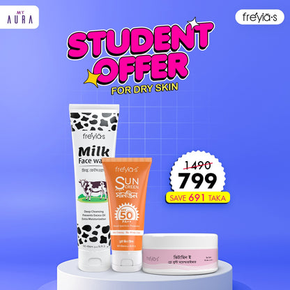 Student Offer: Freyia's Milk Facewash + Freyia's Glow Boost Moisturizer+ Freyia's Sunscreen @ 799 Taka