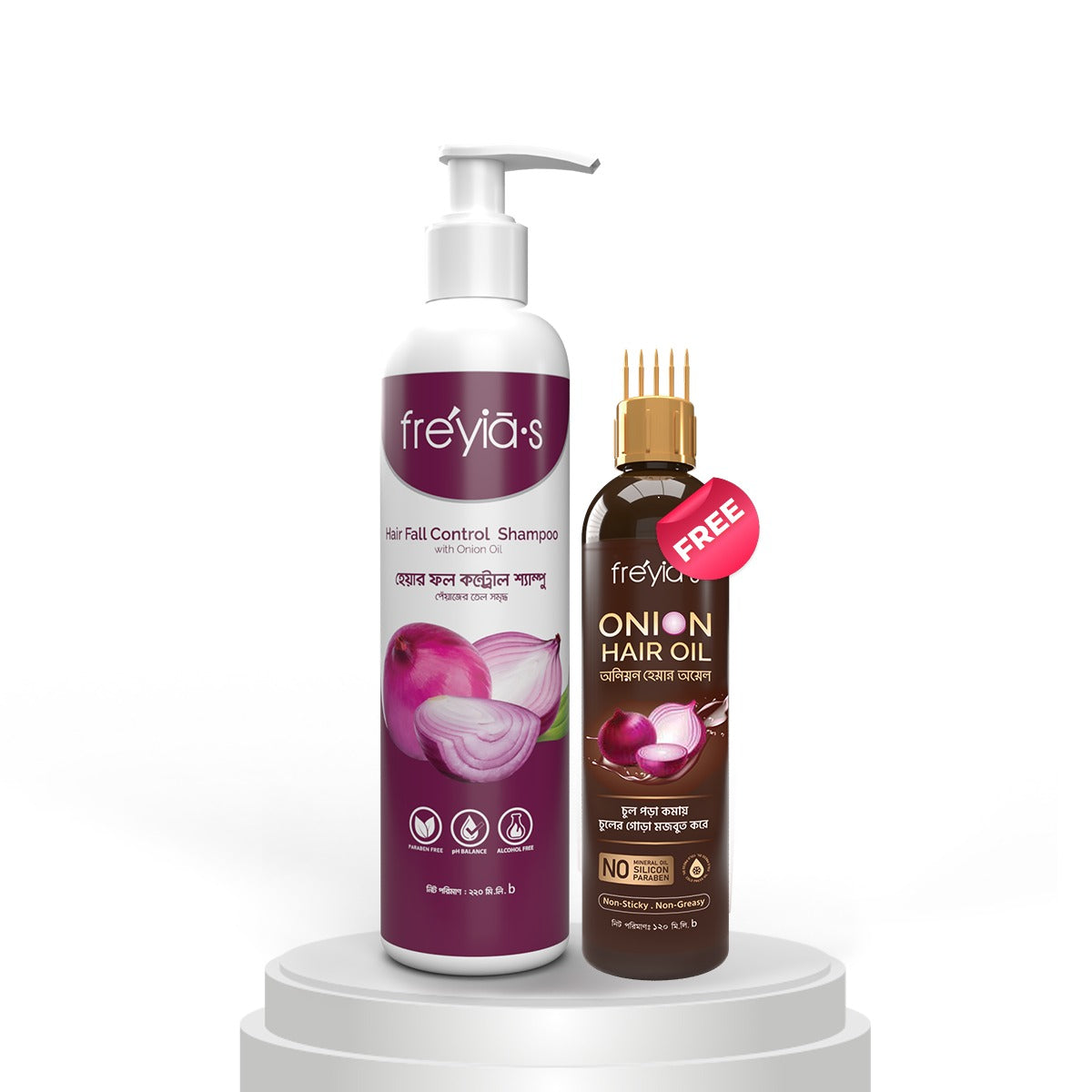 Buy Freyia's Onion Hair Oil 120ml and Freyias Hair Fall Shampoo 220ml @ 650 TK