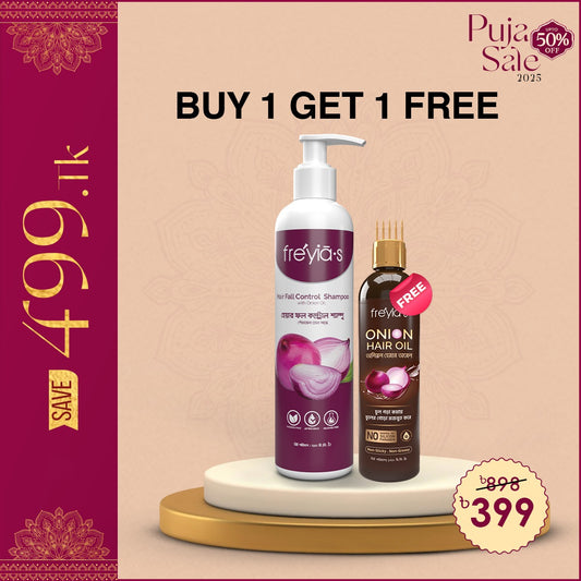 Buy Freyia's Onion Hair Oil 120ml and Freyias Hair Fall Shampoo 220ml @ 399 TK