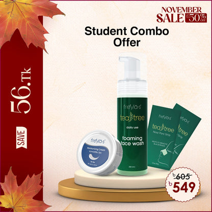 Student Offer: Buy Tea Tree foaming facewash 200 ml + Freyia's Moisturizing Cream 50ml + Free  2 pcs Nose pores strip