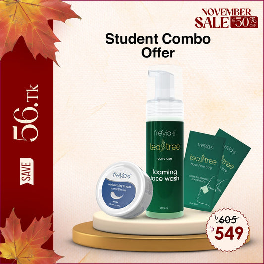 Student Offer: Buy Tea Tree foaming facewash 200 ml + Freyia's Moisturizing Cream 50ml + Free  2 pcs Nose pores strip