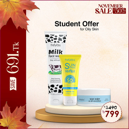 Student Offer: Freyia's Milk Facewash + Freyia's Glow Boost Moisturizer+ Freyia's Sunscreen @ 799 Taka
