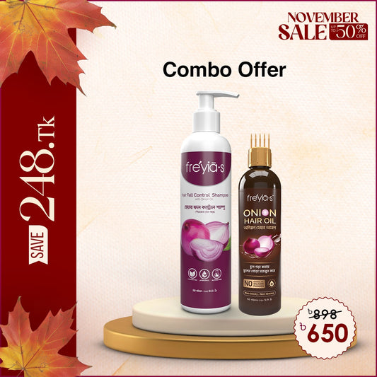 Buy Freyia's Onion Hair Oil 120ml and Freyias Hair Fall Shampoo 220ml @ 650 TK